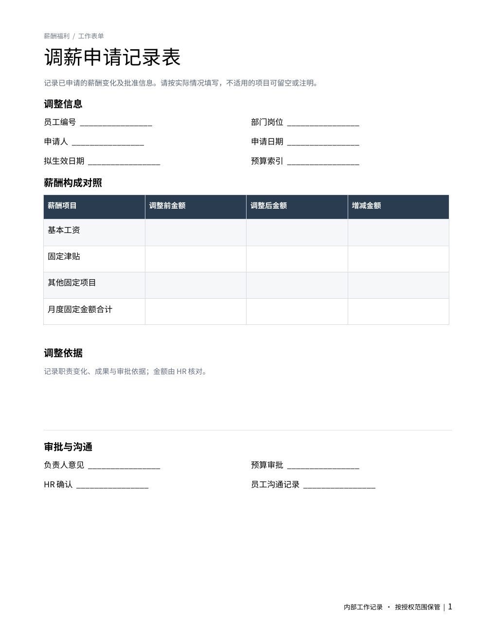 调薪申请记录表 成品预览 1